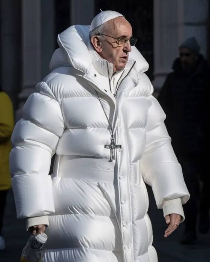 AI photo of the Pope in a white puffer jacket