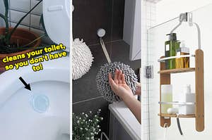 a toilet stamp, hand drying poufs, a bamboo shower caddy