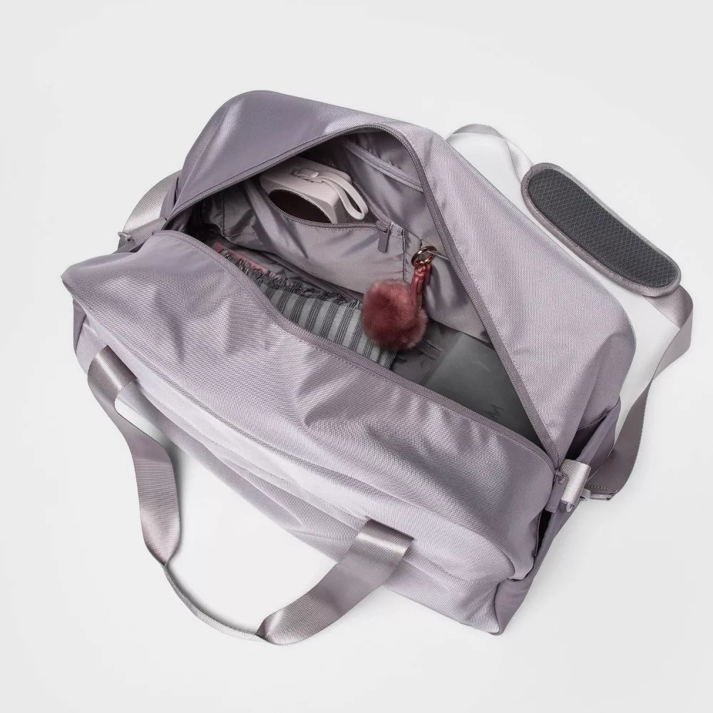 the open mauve duffel bag as seen from above
