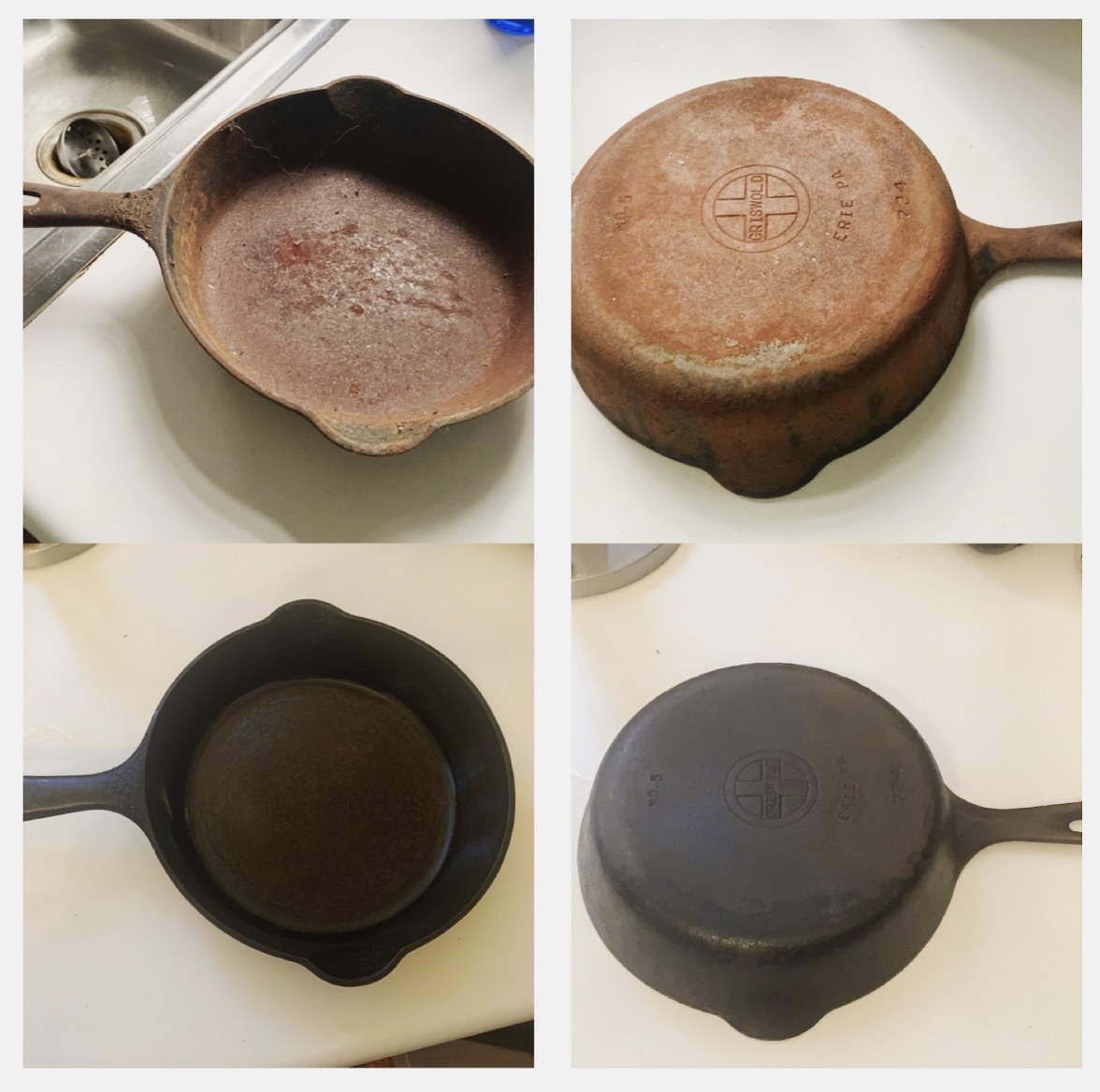 reviewer photos showing cast iron skillet completely restored and looking new after using the chainmail scrubber