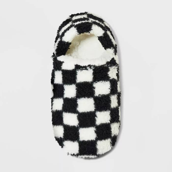 The slippers in black and white checkers