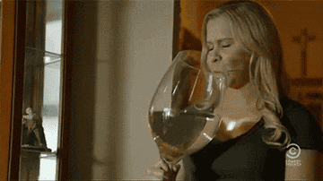 Amy Schumer drinking out of a really big wine glass