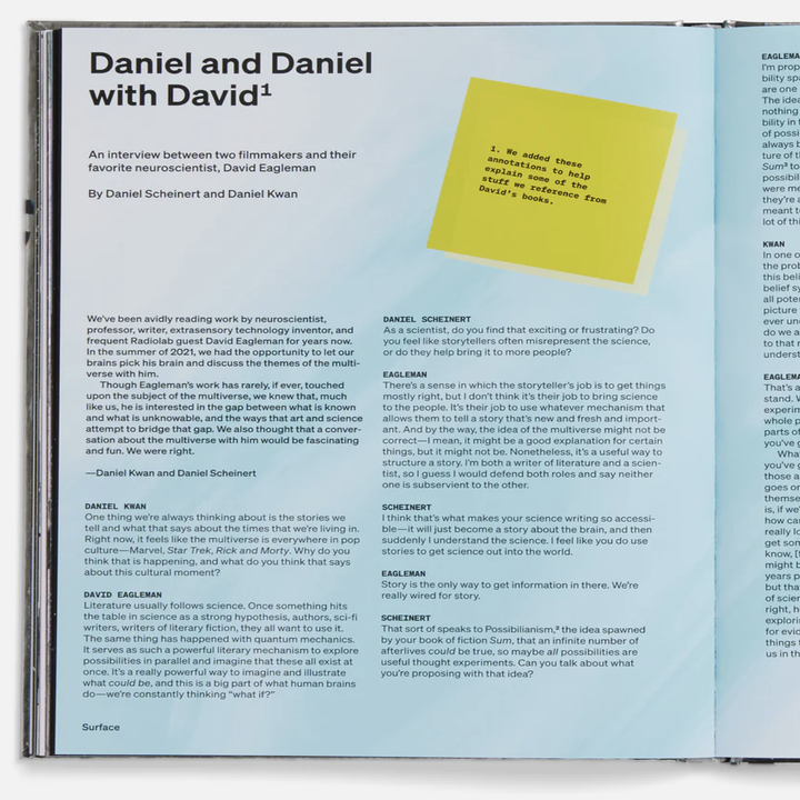 Book opened to an interview with the Daniels