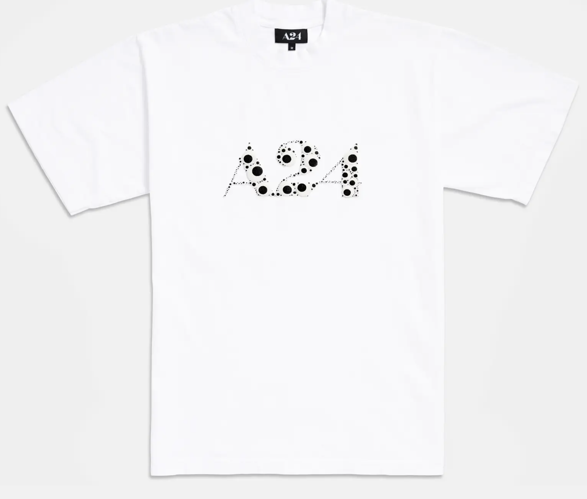 White puff print t-shirt featuring googly eye logo from Everything Everywhere All at Once