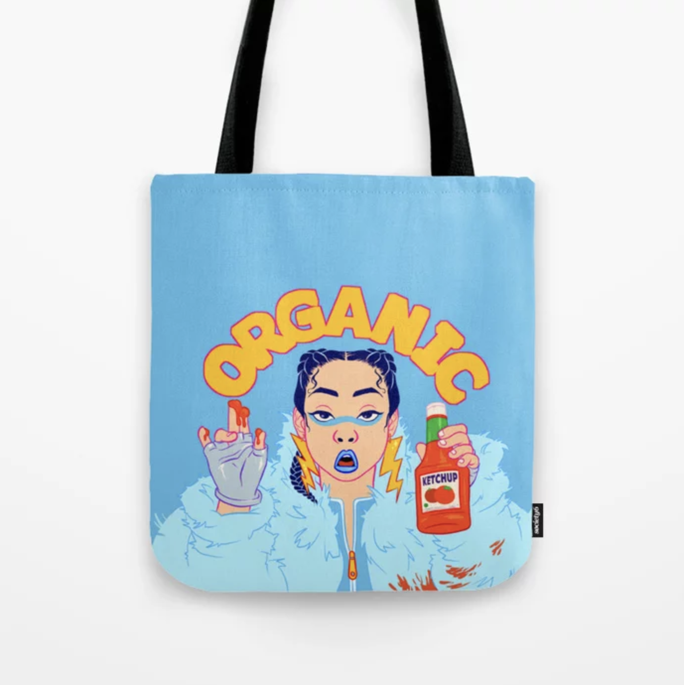 Tote bag featuring Wrestler Jobu Tupaki holding organic ketchup.