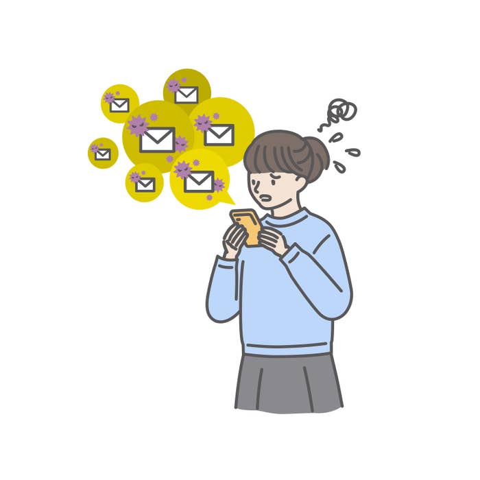 An animation of a concerned woman looking at her phone with several bubble with the mail emoji inside of them are floating above her head