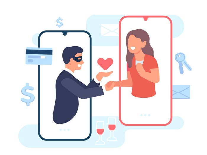 An illustration of a man wearing an eye mask on one smartphone handing his heart to a woman on another smartphone. There depictions of money signs, keys, mail, a credit card, and glasses of wine around them
