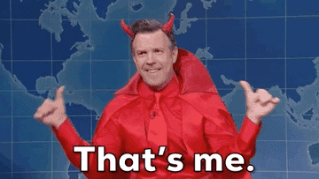 jason sudeikis in a devil costume pointing to himself saying that&#x27;s me