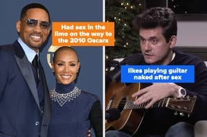 will smith and jada pinkett smith with text saying "had sex in the limo on the way to the 2010 oscars," john mayer with text saying "likes playing guitar naked after sex"