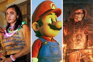 Images from Bodies Bodies Bodies, Super Mario Bros, and Mortal Kombat