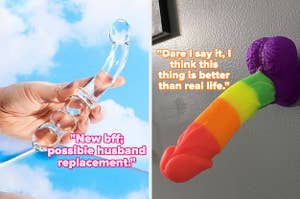 Hand holding glass dual-ended dildo and rainbow stripe dildo attached to wall