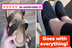 L: a reviewer holding a cork-soled sandal and a five-star review titled "So comfortable !!!", R: a reviewer wearing slip-on black sneakers and text reading "Goes with everything!"
