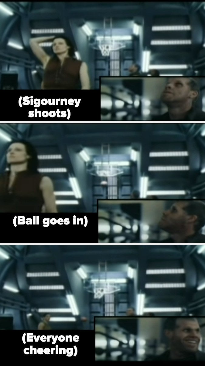 Sigourney throws a basketball toward a hoop behind her and makes the shot; everyone off-camera cheers