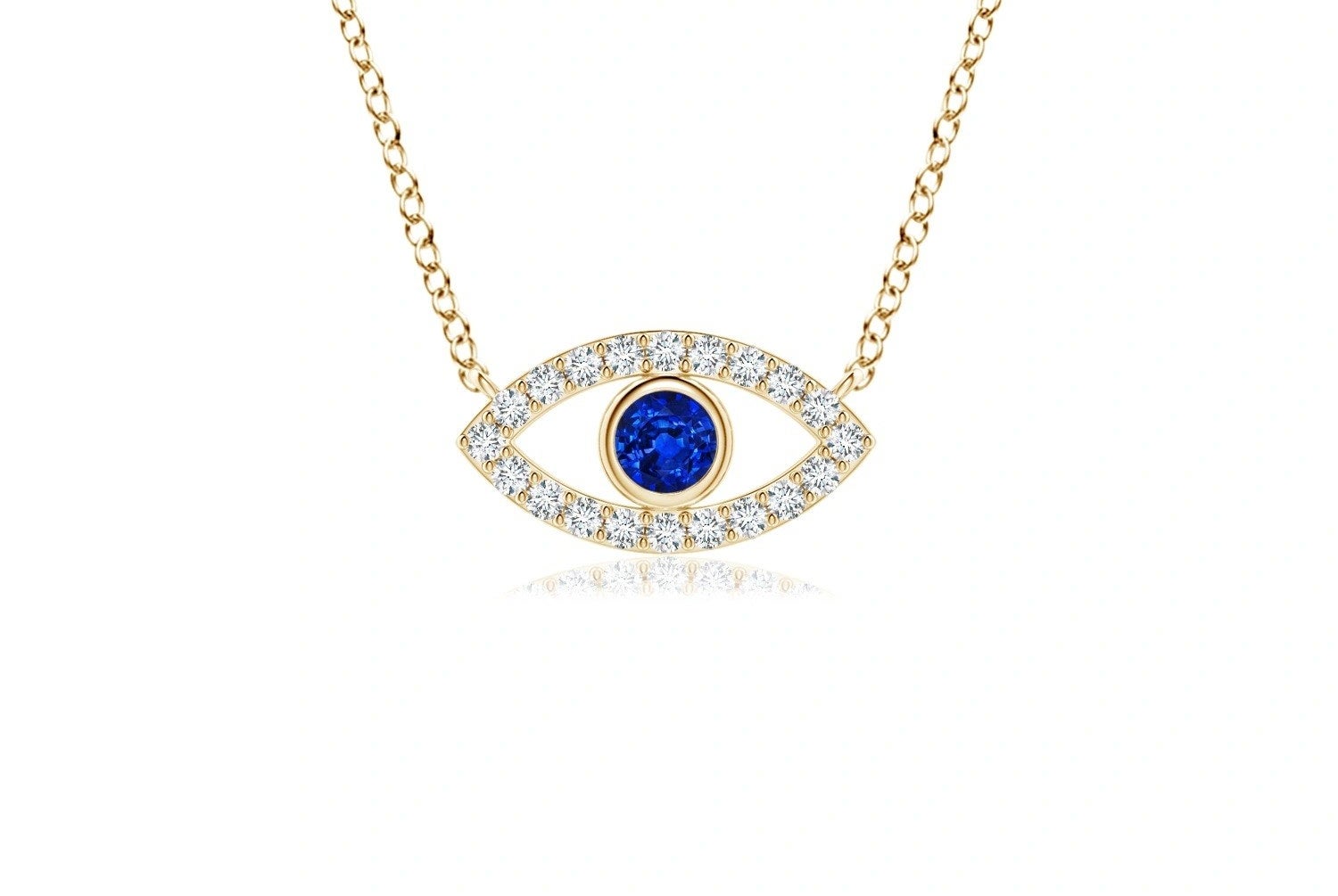 a sapphire evil eye necklace surrounded by diamonds