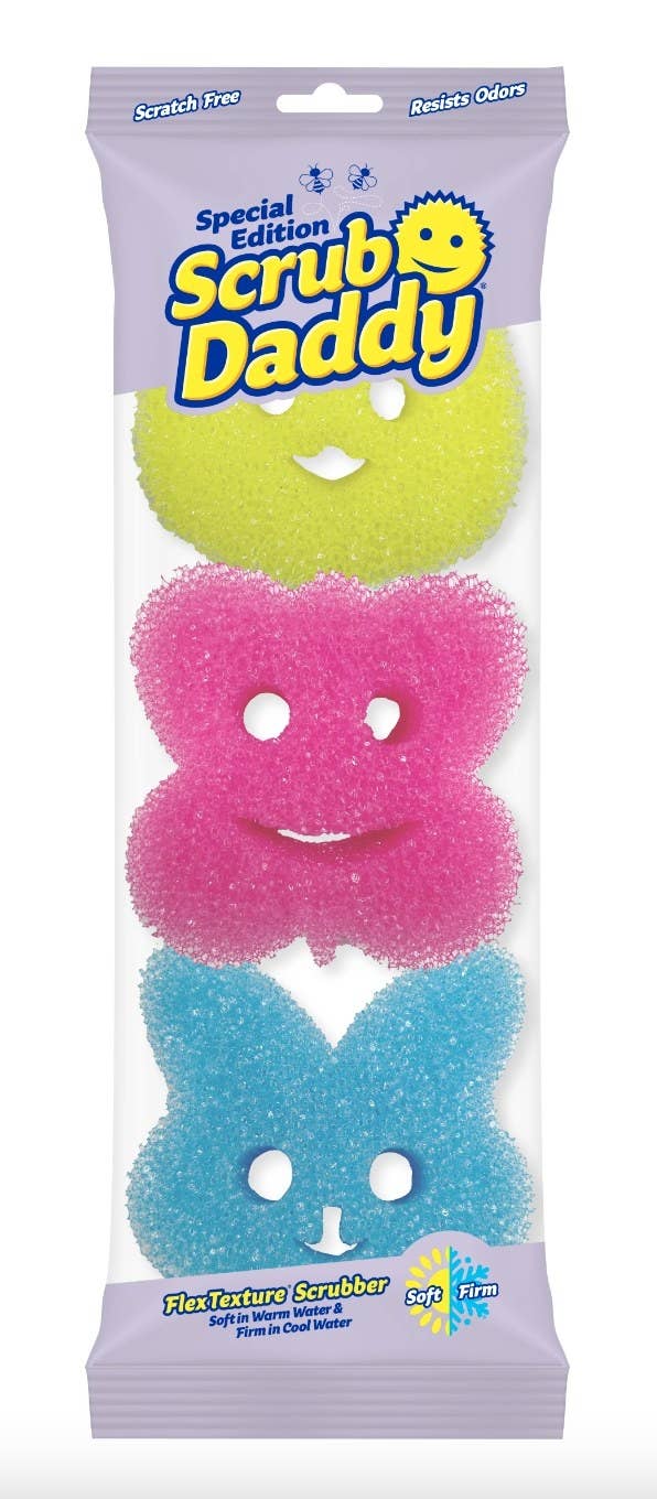 the pink, yellow, and blue shaped sponges in their packaging