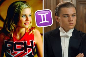 kirsten dunst in bring it on on the left and leonardo dicaprio in titanic on the right with a gemini emoji in between them