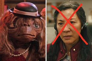 On the left, ET wearing a wig, and on the right, Michelle Yeoh as Evelyn in Everything Everywhere All at Once with an x drawn over her face