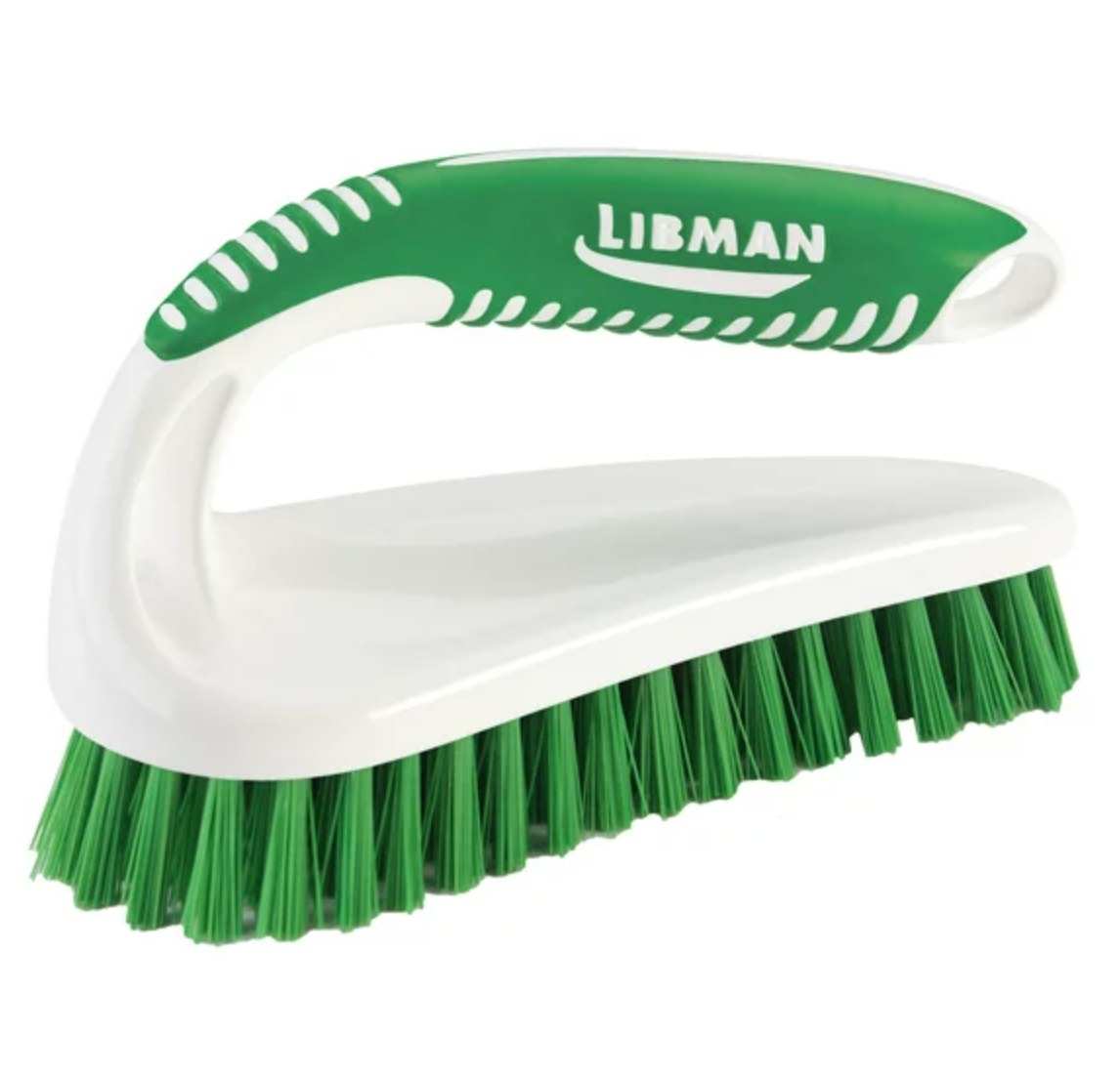 the white and green scrub brush with a curved handle