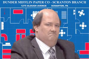 Kevin Malone over a floorplan of The Office