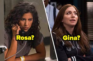 Rosa glares while talking on a prison phone and Gina is mid sentence while talking to someone off screen