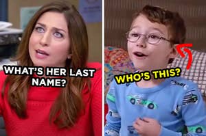On the left, Gina from "Brooklyn Nine-Nine" labeled "what's her last name?" and on the right, a sweet little kid wearing glasses with an arrow pointing to him and "who's this?" typed under his face
