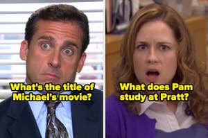 A nervous Michael Scott with the question: "What's the title of Michael's movie?" next to a shocked Pam Beesly with the question: "What does Pam study at Pratt?"