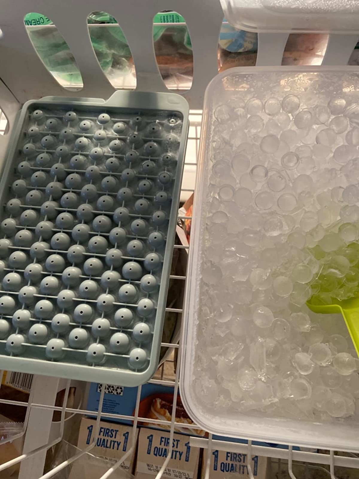 Reviewer image of ice cube tray and container with mini ice cubes