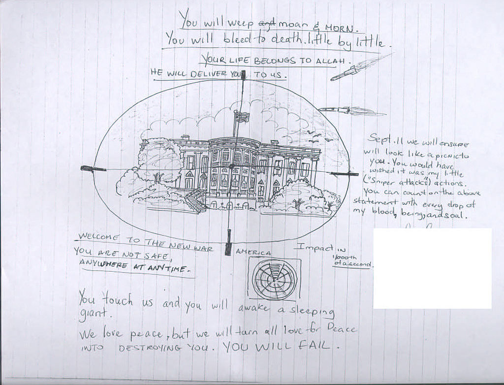 a drawing from Washington area sniper suspect Lee Boyd Malvo showing the white house with a target over it