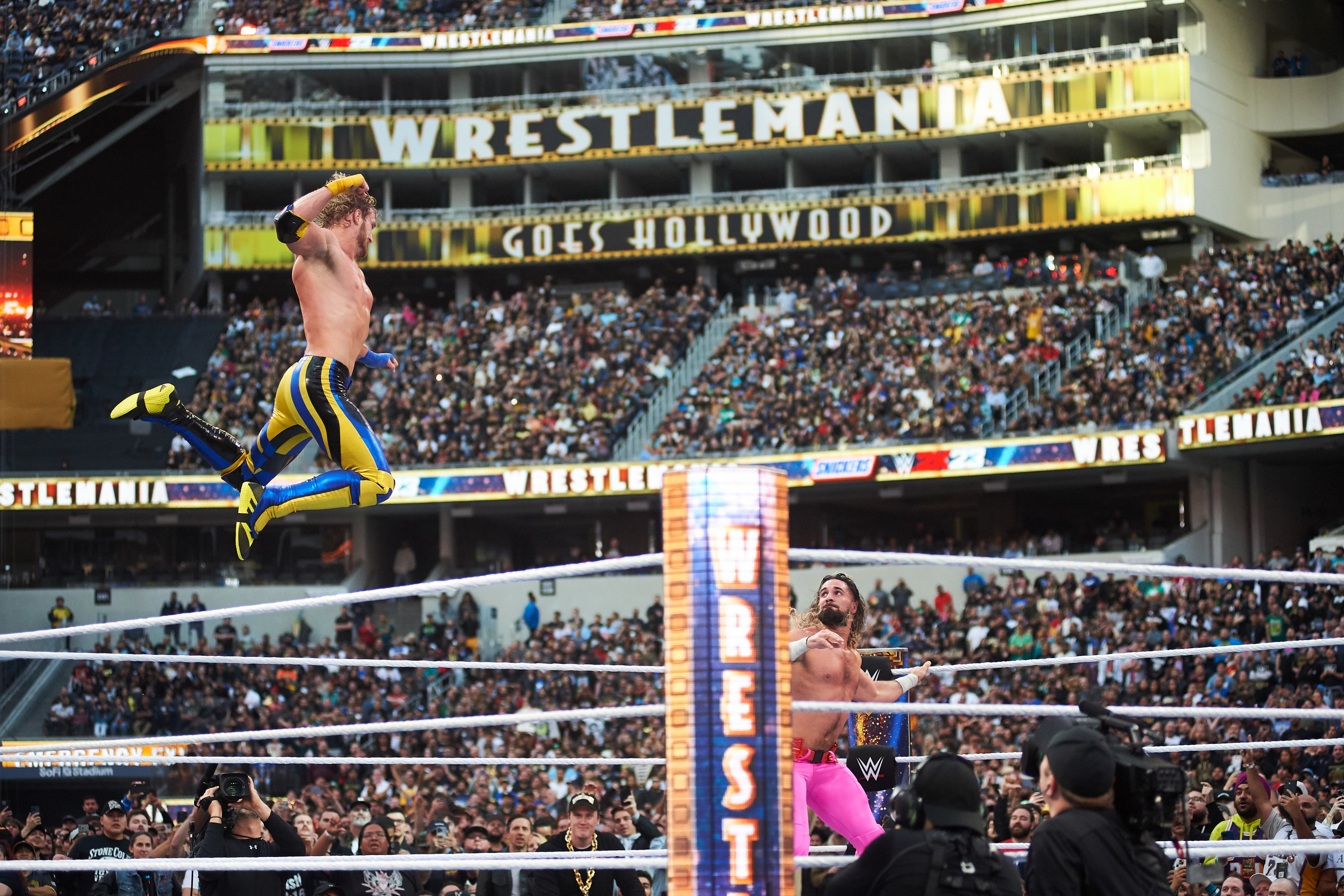 Logan Paul wrestles Seth Rollins during WrestleMania 39 at SoFi Stadium on April 01, 2023 in Inglewood, California.