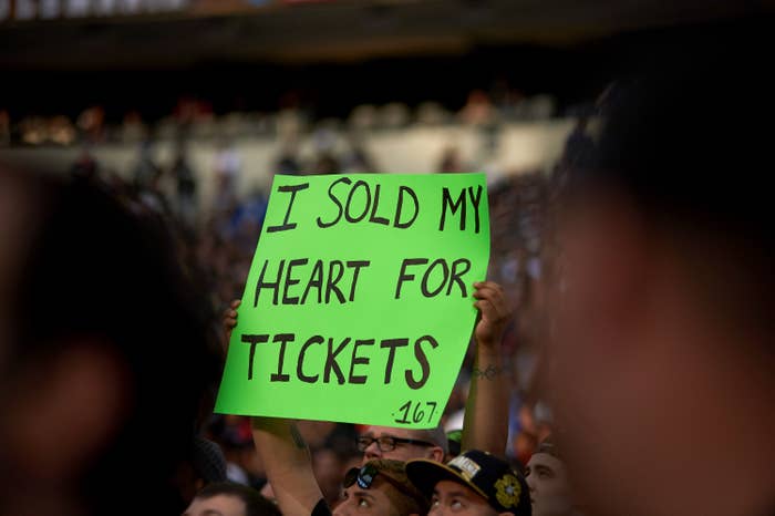 Fan holds sign during WrestleMania 39 at SoFi Stadium on April 02, 2023 in Inglewood, California