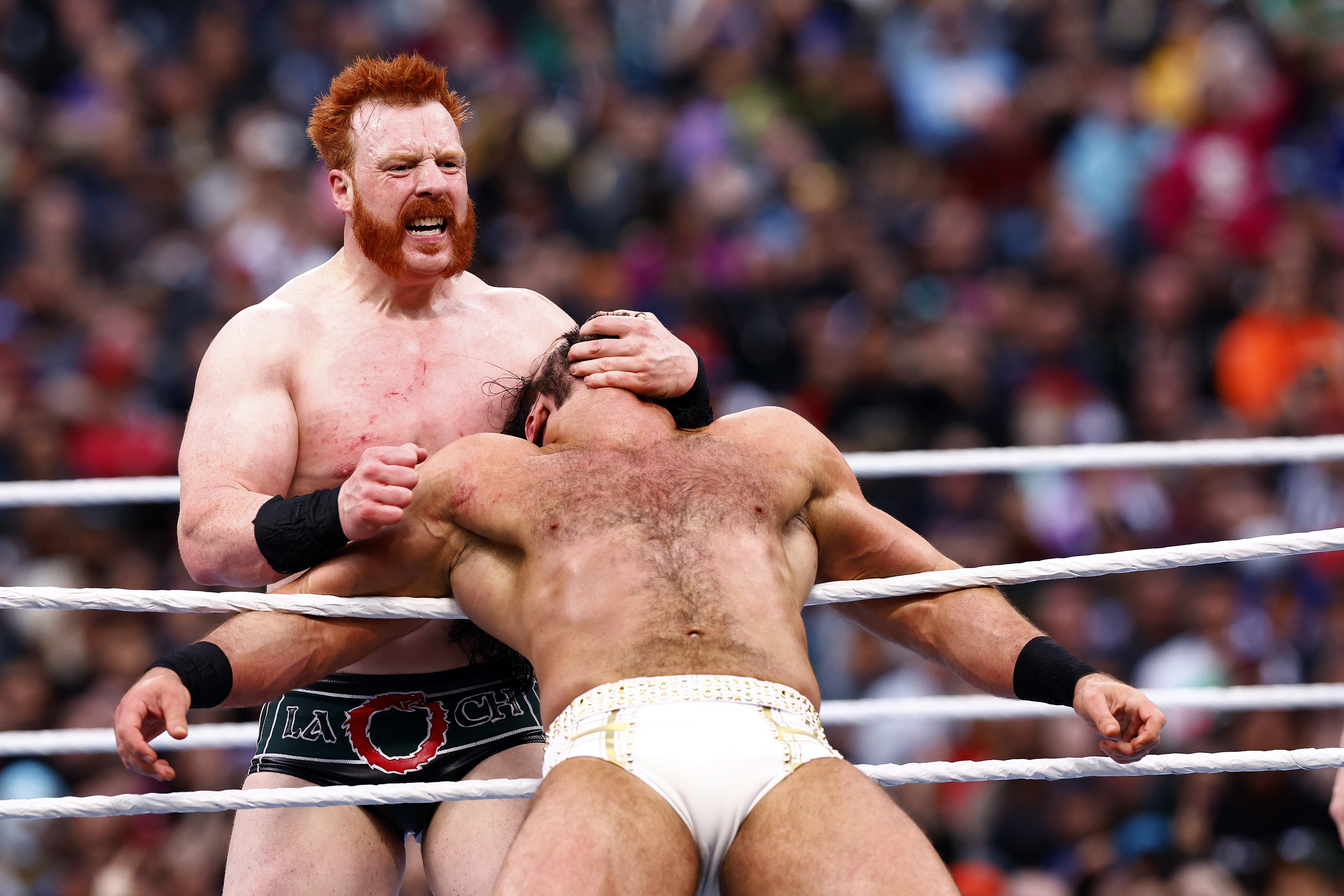 Sheamus wrestles Drew McIntyre in triple threat for the WWE Intercontinental Title during WrestleMania Goes Hollywood at SoFi Stadium on April 02, 2023 in Inglewood, California.