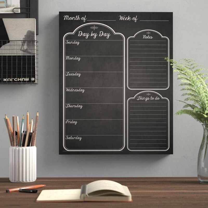 the dry erase board that looks like a chalkboard