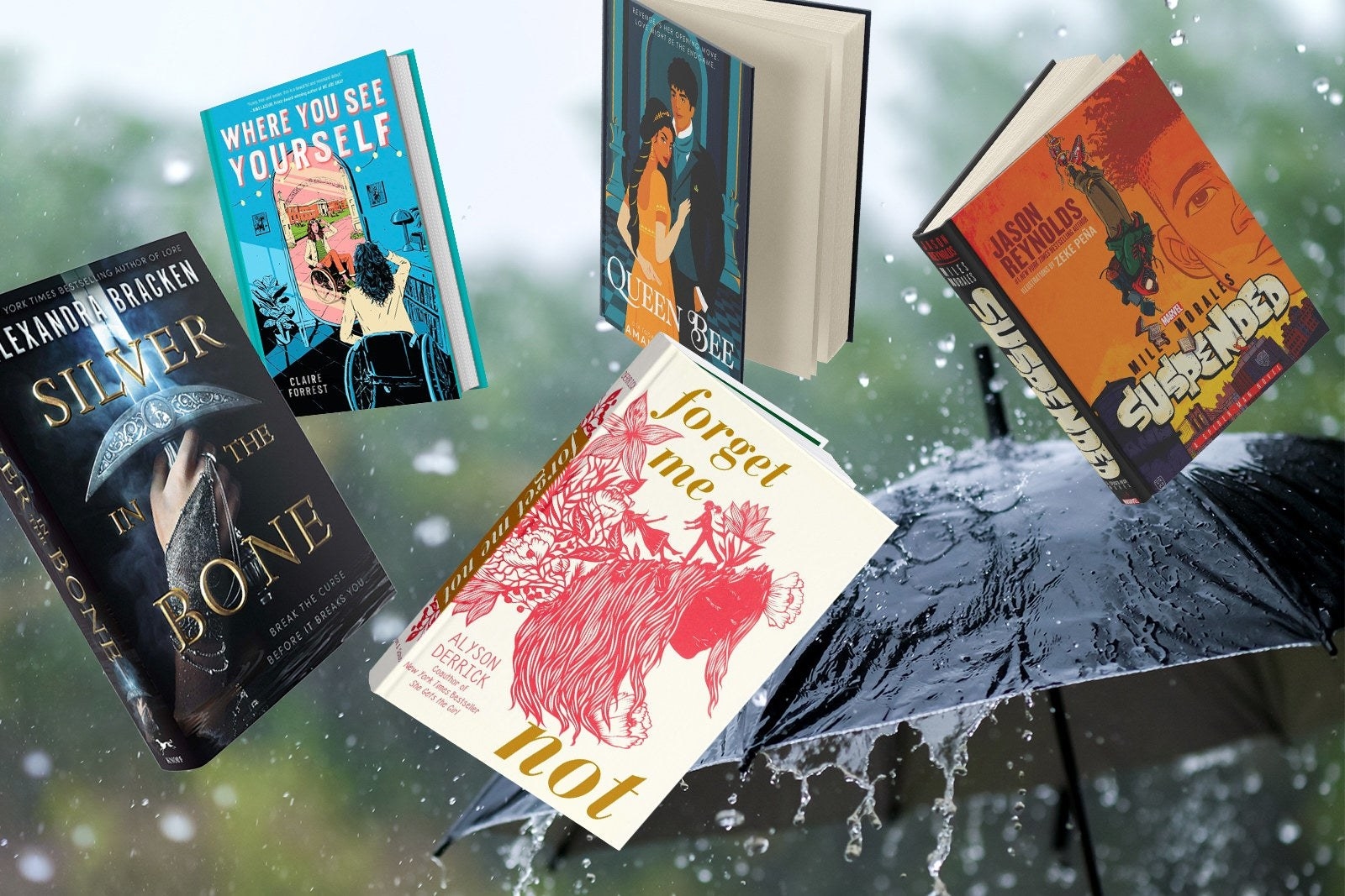 five YA novels on top of an umbrella in the rain