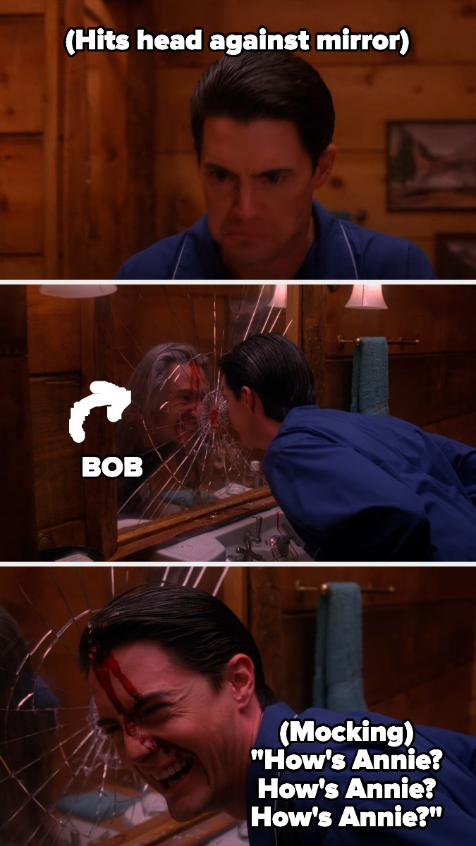 Cooper&#x27;s doppelgänger controlled by Bob hits head against the mirror and Bob repeatedly says &quot;How&#x27;s Annie?&quot;