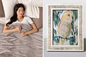 on left: model sleeping under gray weighted blanket. on right: bone-carved picture frame with yellow parrot artwork inside