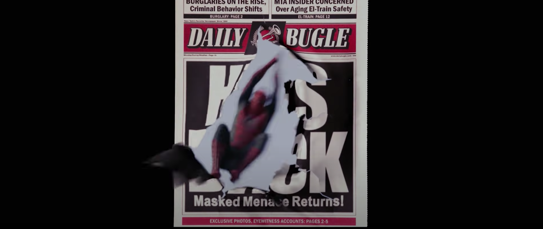 Spider-Man flies through a newspaper reading &quot;HE&#x27;S BACK&quot;