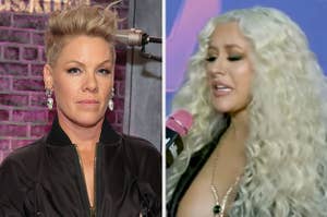 Pink poses for a photo with her hands in her pockets vs Christina Aguilera speaks to an interview with her eyes shut