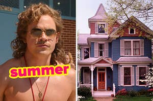 On the left, Billy from Stranger Things wearing sunglasses and a whistle around his neck by a pool labeled summer, and on the right, a Victorian-style house