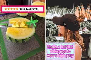 reviewer watermelon cutter in a yellow watermelon and a model wearing a hat with a high bun