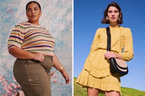 on left: model wearing pink, green, blue stripe sweater with green pants. on right: model wearing long-sleeve yellow blouse and matching ruffle skirt