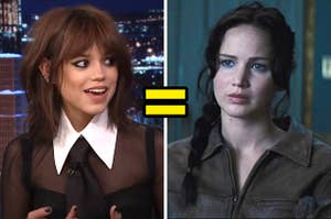 On the left, Jenna Ortega, and on the right, Katniss from The Hunger Games with an equals sign in the middle