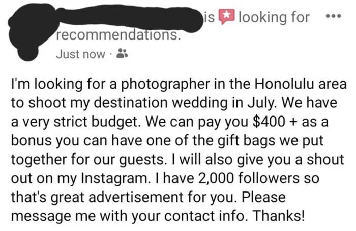 A person looking for a photographer for free