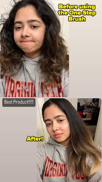 a reviewer showing their hair before using the brush (very curly) and after using the brush (straight).