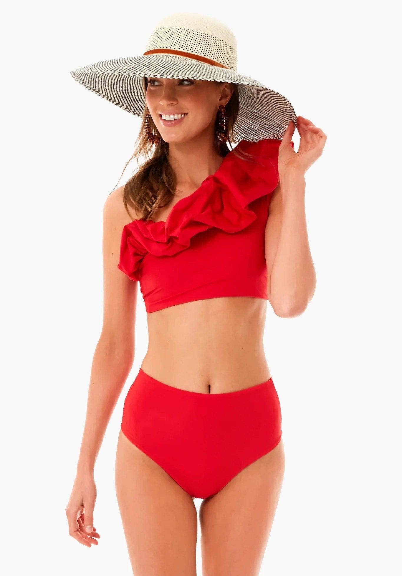 Image of model wearing red swimsuit