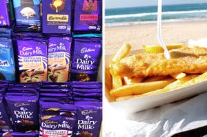 Left: Chocolate bars stacked on supermarket shelves; Right: A tray of fish and chips at the beach