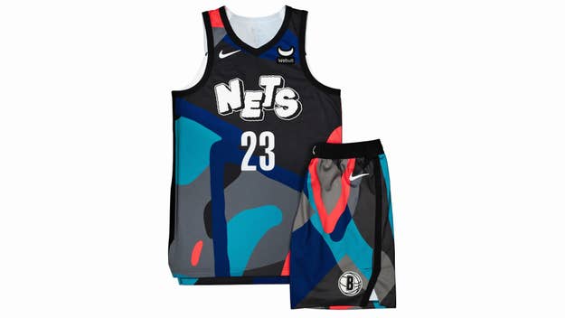A Brooklyn Nets and KAWS uniform is pictured
