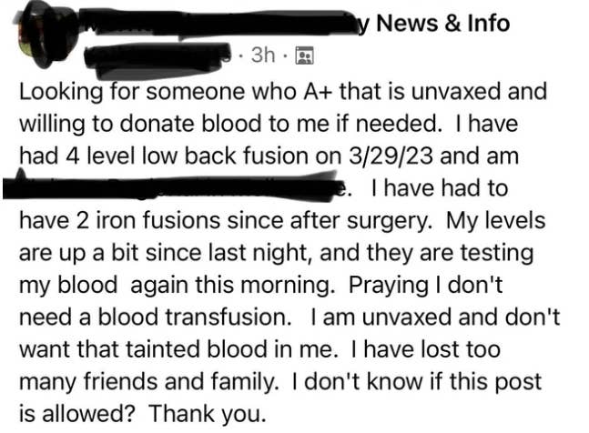 Screenshot of someone asking for blood