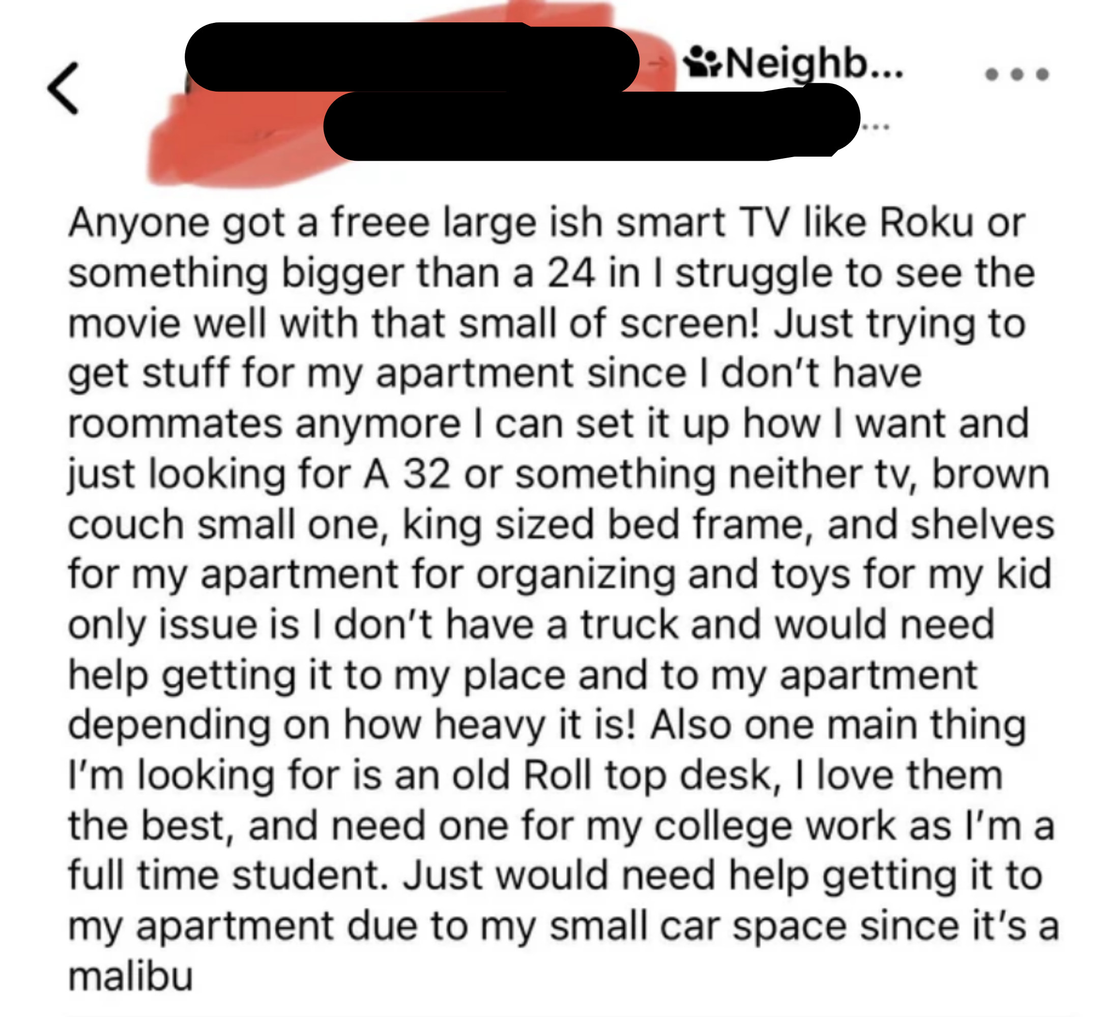 A person asking for free furniture