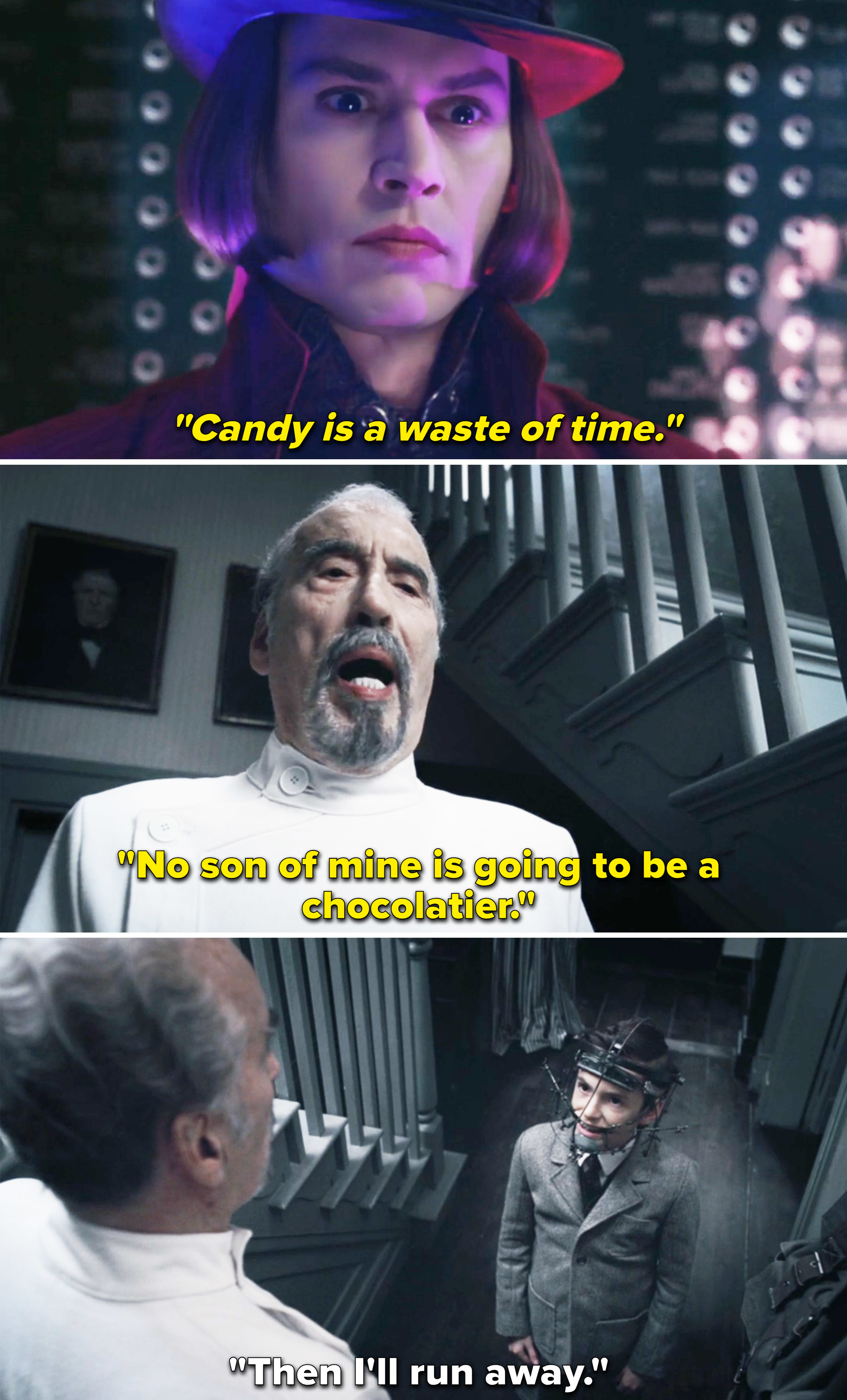 Dr Wonka saying no child of his is going to be a chocolatier, and Willy saying he&#x27;ll run away