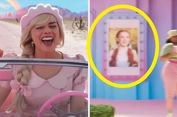 Margot Robbie and a poster of Dorothy from The Wizard of Oz in Barbie